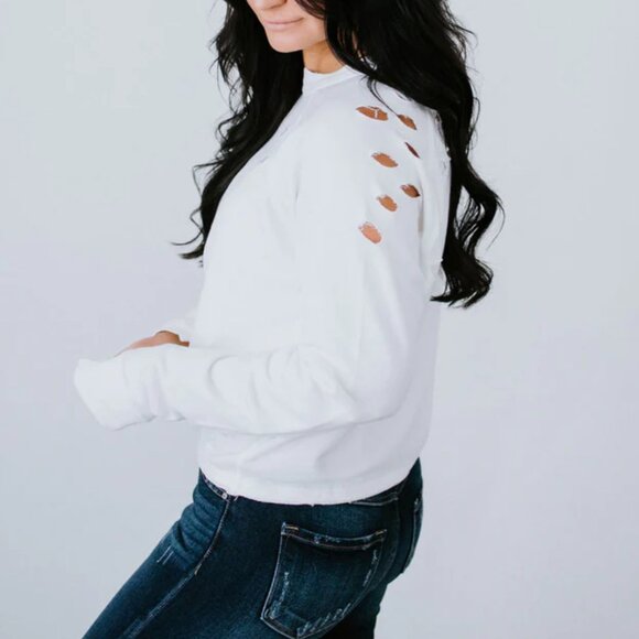 Lily & Lottie Distressed Crew Sweatshirt XS White French Terry Oversized - Picture 3 of 12